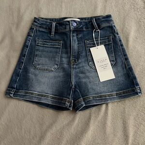 Blue Jean Shorts with Cuffed Hem and Distressed Details